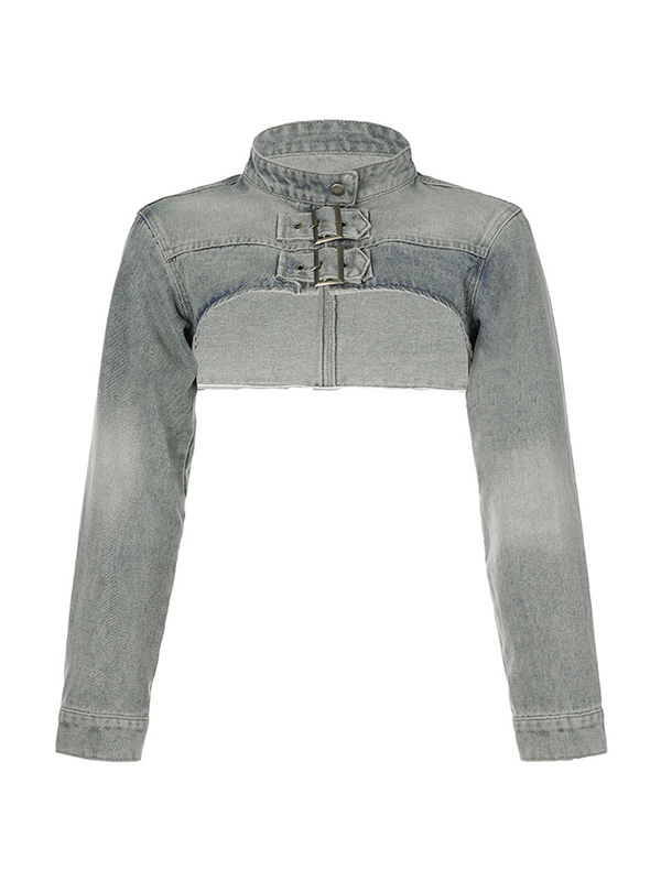 Light Washed Collar Neck Buckle Ultra Short Jacket-3