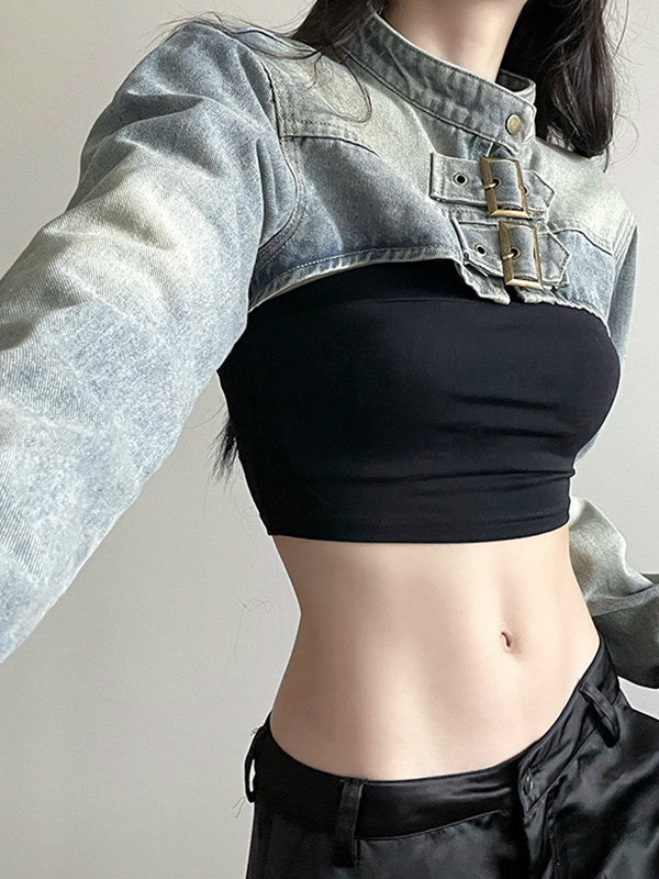 Light Washed Collar Neck Buckle Ultra Short Jacket-1