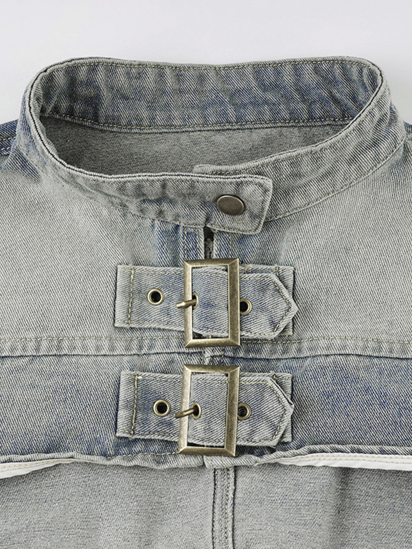 Light Washed Collar Neck Buckle Ultra Short Jacket-4